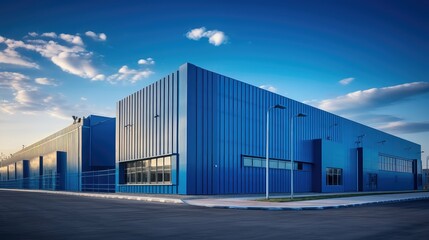Fototapeta na wymiar logistics blue warehouse building illustration distribution facility, architecture steel, metal structure logistics blue warehouse building