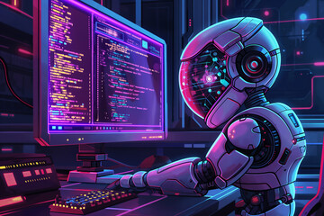 A robot programming or coding on a computer with the code visible on the screen, artificial intelligence AI coding concept, cartoon illustration