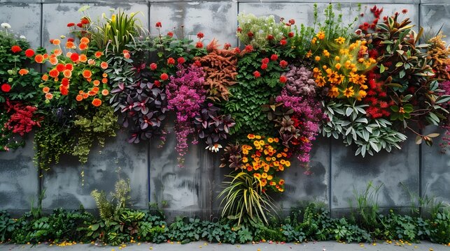 Vibrant Floral Symmetry: A Lush Vertical Garden adorning an Urban Concrete Wall