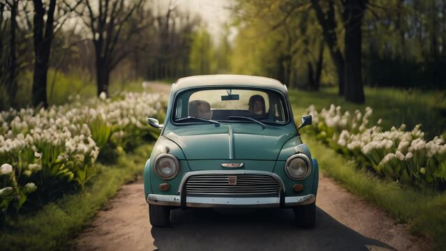 A light blue classic car driving down a tree-lined road blooming with white flowers on a cheerful spring day.
