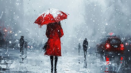Red Umbrella in Rainy City Abstract
