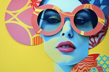 Retro pop art collage of a beautiful woman on colorful paper background, female fashion model, abstract young beautiful social media trendy style wearing sunglasses