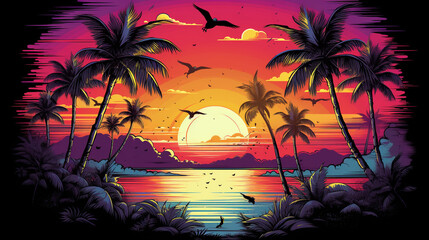 tropical sunset with trees - obrazy, fototapety, plakaty