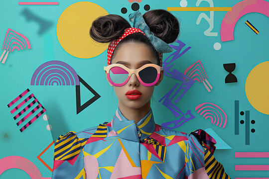 Retro pop art collage of a beautiful woman on blue teal colorful paper background, female fashion model, abstract young beautiful social media trendy style wearing sunglasses