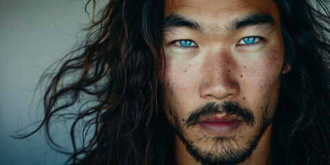 handsome Japanese man with long hair and blue eyes, generative AI