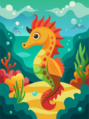 Fototapeta na wymiar A majestic seahorse glides effortlessly through a tranquil underwater world, surrounded by vibrant corals and shimmering sunlight.
