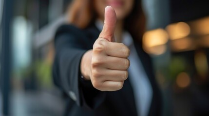 A businesswoman's hand points with a thumbs-up, signaling readiness and celebrating success, Ai Generated. - obrazy, fototapety, plakaty