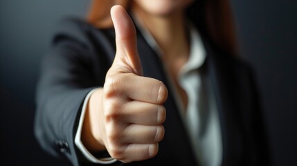 A businesswoman's hand points with a thumbs-up, signaling readiness and celebrating success, Ai Generated.