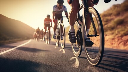 Close up group of cyclists with professional racing sports gear riding on an open road cycling route