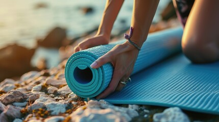 a woman's hands roll up a yoga mat, ready for a morning practice in the sunshine by the sea. Ai Generated