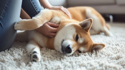 A female owner tenderly caresses and strokes her Shiba Inu pet lying on the floor at home, sharing affection. Ai Generated - obrazy, fototapety, plakaty