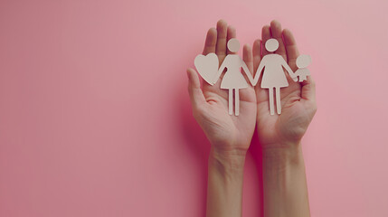 Cropped photo of mother, father, and child clutching family paper cutouts in their hands, isolated on a pink background. Cardboard figures of parents and children holding hands.International familyDay - obrazy, fototapety, plakaty
