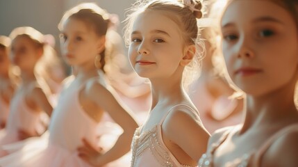 A group of young girls gracefully train as ballet dancers, channeling elegance and dedication in...