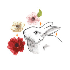 Vintage style illustration of a rabbit and flowers on a white background