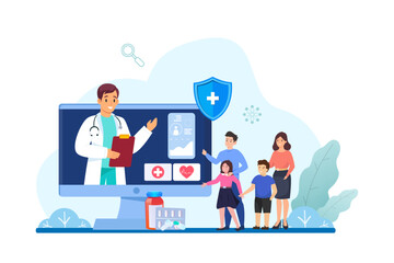 Family health care and life insurance concept. Doctor and family people online medical exam. Healthcare consultation telemedicine service. Vector illustration