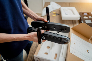 A technician assembles and installs smart electronic door lock for house protection