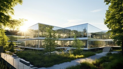 Fototapeta premium facade glass office building illustration windows reflection, corporate urban, cityscape sleek facade glass office building