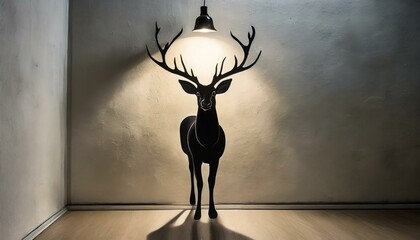 a whimsical illustration featuring a black deer picture light illuminating a gallery wall. The composition should evoke a sense of enchantment and nostalgia, with the light casting intricate deer-shap