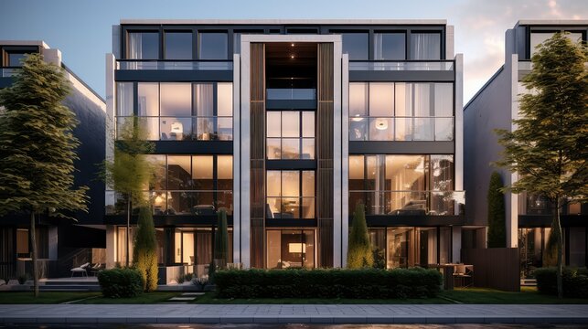 modern luxury townhouse building illustration exclusive sophisticated, chic designer, high end modern luxury townhouse building