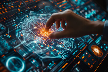 Person holds human brain 3d hologram futuristic, neural health, brain research, artificial intelligence, knowledge and learning concept