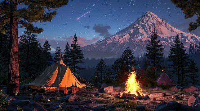 Cozy campsite: Indian tent illuminated by a crackling bonfire in the midst of a pine forest, nestled against majestic m Seamless looping 4k time-lapse virtual video animation background. Generated AI
