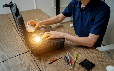 A technician works with a demo kit of the smart home system