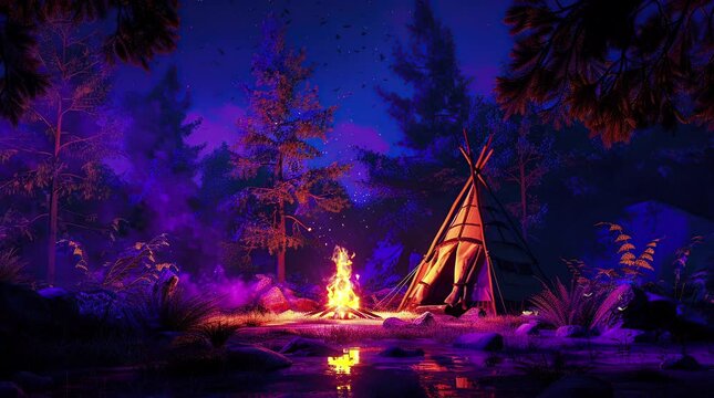 Pine Forest Haven: An Indian tent illuminated by the warm glow of a bonfire amidst the tranquil embrace of a pine fores Seamless looping 4k time-lapse virtual video animation background. Generated AI