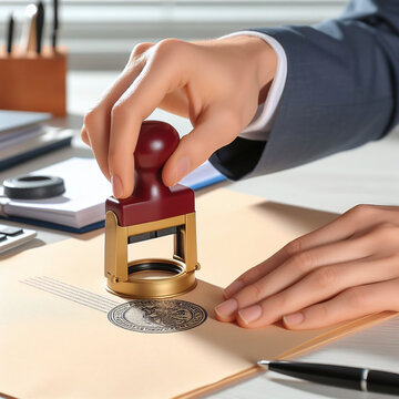 Man stamping seal on document at table in office, closeup