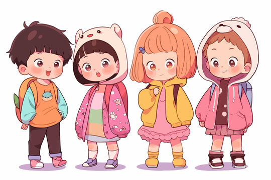 group of kids in anime style