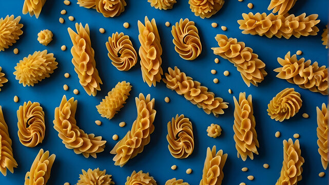Espirales de pasta. Macarrones de trigo orgánico sobre fondo azul