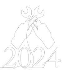 One continuous line of Wrench with number 2024. Thin Line Illustration vector concept. Contour Drawing Creative ideas.