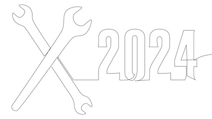 One continuous line of Wrench with number 2024. Thin Line Illustration vector concept. Contour Drawing Creative ideas.