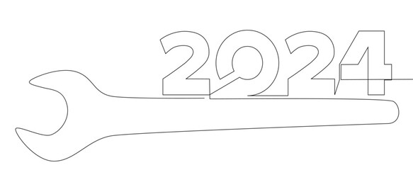 One continuous line of Wrench with number 2024. Thin Line Illustration vector concept. Contour Drawing Creative ideas.
