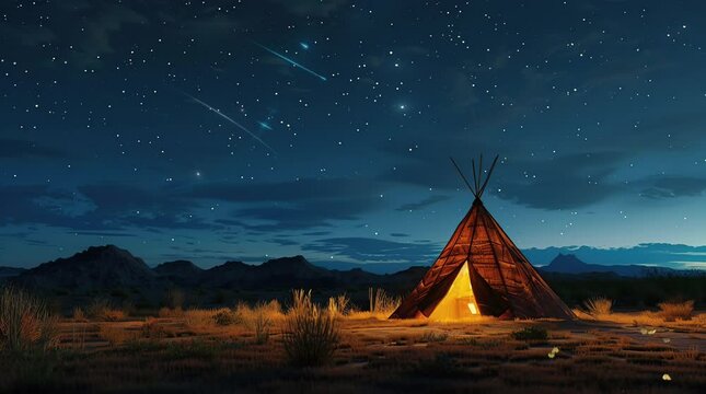 Tranquil night: Indian tent beneath a star-studded sky, a sanctuary under the celestial canopy  Seamless looping 4k time-lapse virtual video animation background. Generated AI