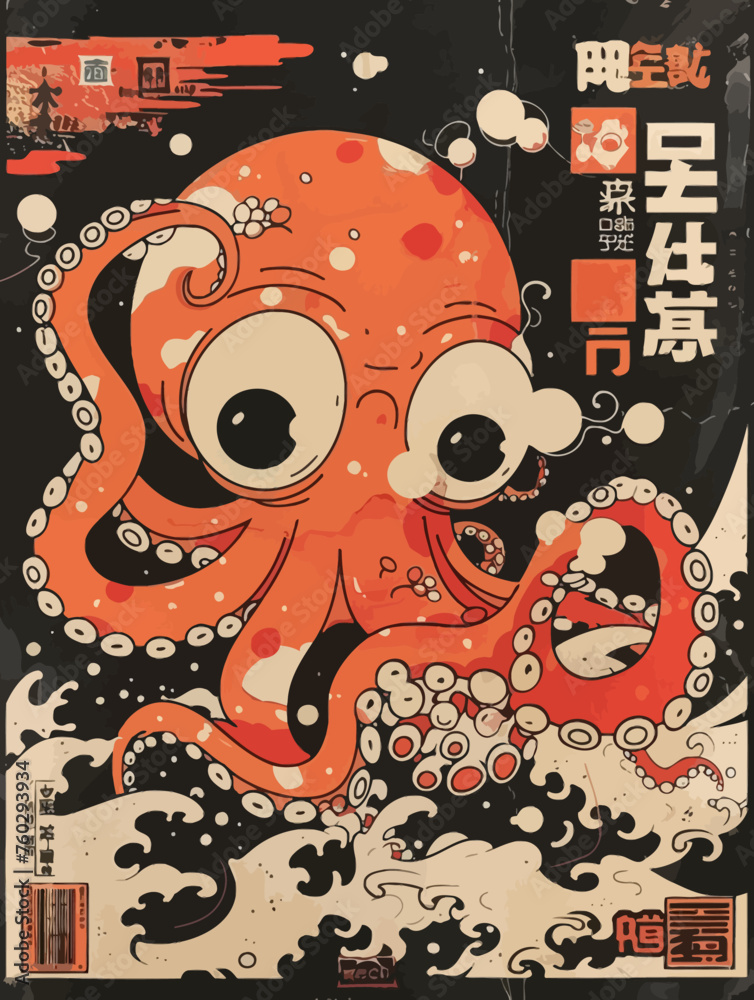 Sticker Old Japanese Poster Octopus