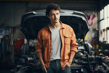 Handsome mechanic in orange overalls standing by an open car hood in a garage