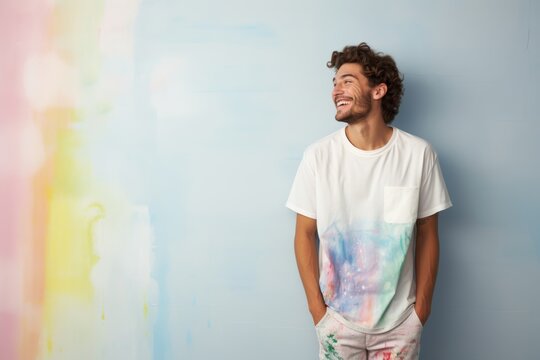 Joyful man in tie-dye shirt against pastel background, looking away with a bright smile, exuding creativity and happiness.