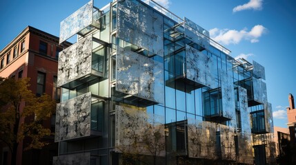 design glass townhouse building illustration luxury urban, windows facade, sleek contemporary design glass townhouse building