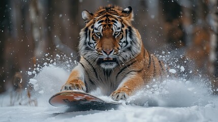 A chubby Siberian tiger plays on a snowboard in the snow amidst a pine forest and snowy mountains.
