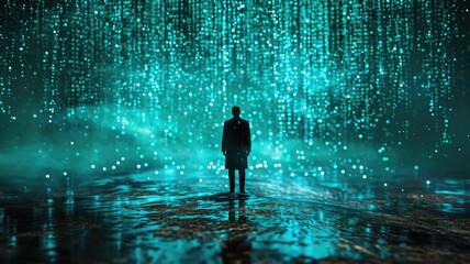 The picture of the single person that has been walking into the endless walkway that has been raining with the digital matrix green binary rain of code that seem like person search something. AIGX01. - obrazy, fototapety, plakaty