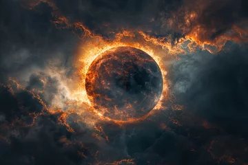 Fotobehang Solar eclipse, close detail, glowing ember effect, overhead shot © Thanadol