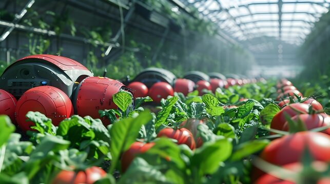 Futuristic Farm: High-tech Robots Precisely Harvesting Ripe Red Tomatoes in an Indoor Greenhouse