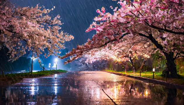 生憎の雨と夜桜