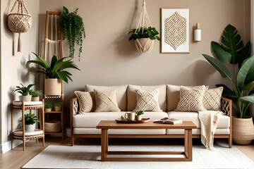 Interior design of living room with brown wooden sofa, macrame, bookstand, coffee table, plants pillows, decoration and elegant accessories. Beige and japandi concept. Stylish home staging. Template.