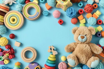 Baby kids toy frame background. Teddy bear, colorful wooden educational, sensory, sorting and stacking toys for children on light blue background. Generative AI 