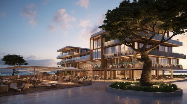 architecture contemporary hotel building illustration modern boutique, urban stylish, chic trendy architecture contemporary hotel building