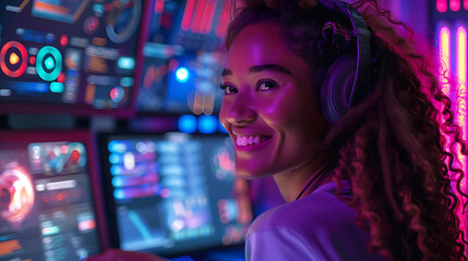 Woman Gamer Smiling while Talking to an Online Player, Female Video Game Enthusiast in Conversation, Happy Girl Gaming and Chatting Online, Joyful Gamer Communicating with Fellow Player, Generative Ai