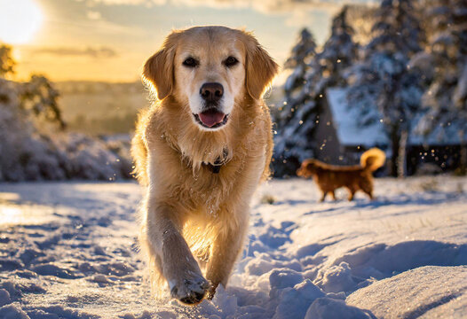old golden retriever walking towards the camera in the snow at dusk with blurred background