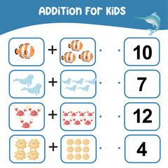 Addition for kids worksheet. Kids educational game. Let’s count together. Printable educational worksheet activity