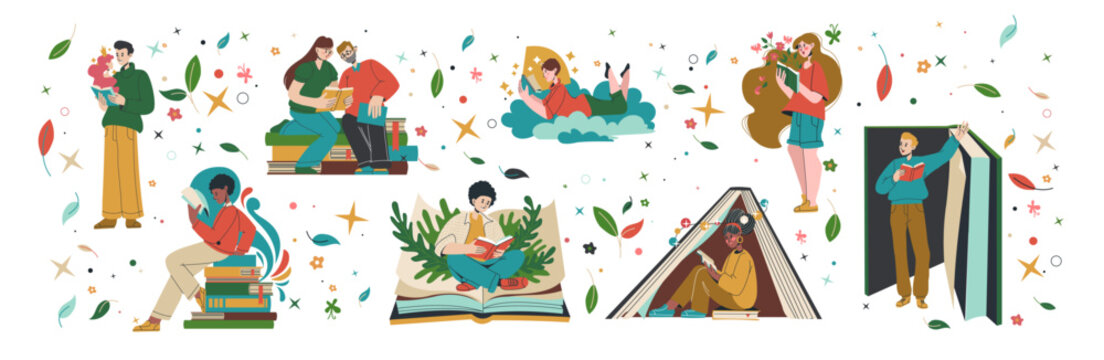 Book read person. Library person, happy study, student man, share education, friend woman young clever, group portrait, reader story, knowledge symbol. Man with huge books. Vector cartoon character